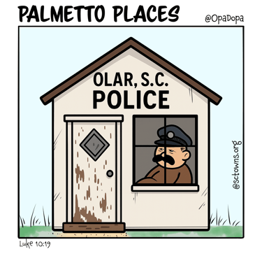 Cartoon caricature of tint Olar Police Department building.