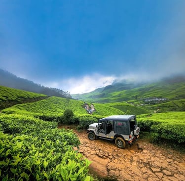 Misty Munnar tea plantations with an off-road jeep, ideal for scenic Kerala tours from Chennai.