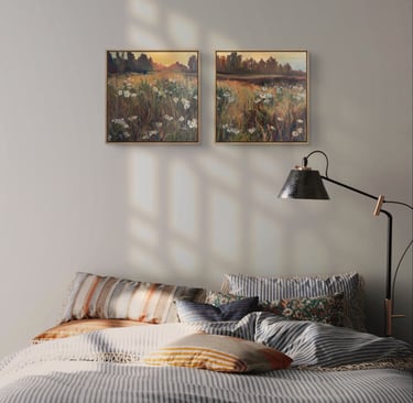 Angela Moiseieva original painting hanging above the bed in a bright, modern bedroom.