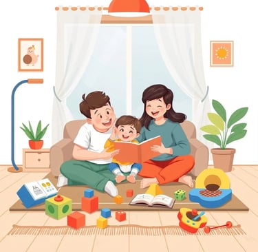 Criança e pais brincando juntos com brinquedos educativos, fortalecendo o vínculo e estimulando 