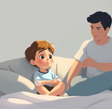 Criança pensativa com expressão preocupada recebendo apoio de um adulto atencioso, simbolizando cuid