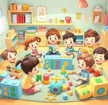 Crianças brincando com brinquedos educativos em ambiente colorido.