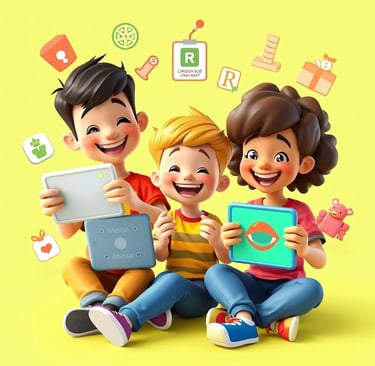 Crianças felizes jogando no celular e no computador com ícones de jogos populares como Toca Boca,