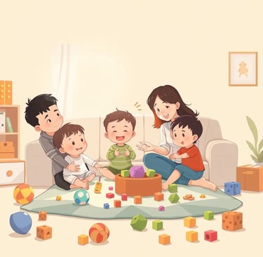 Família brincando junta e fortalecendo o vínculo afetivo, estimulando o desenvolvimento e a criativi