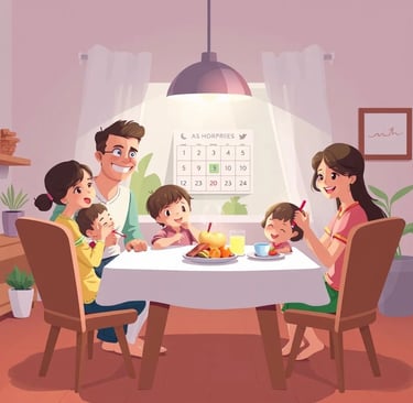 Família feliz organizando a rotina diária das crianças, com pais e filhos sorridentes em uma sala