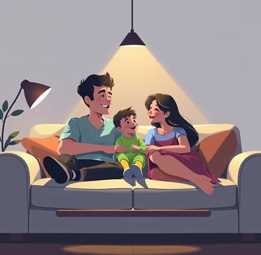 Família sorridente sentada no sofá, dialogando e fortalecendo a conexão entre pais e filho, simboliz