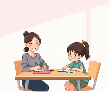 "Mãe e filho estudando juntos à mesa, em clima tranquilo e carinhoso, representando acompanhamento