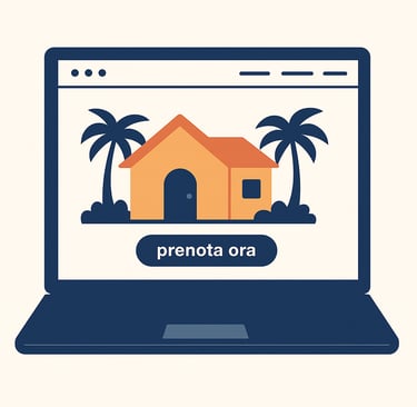 Illustrazione digitale di un laptop aperto che mostra un sito web di casa vacanze con un’icona di casa arancione, palme e pul