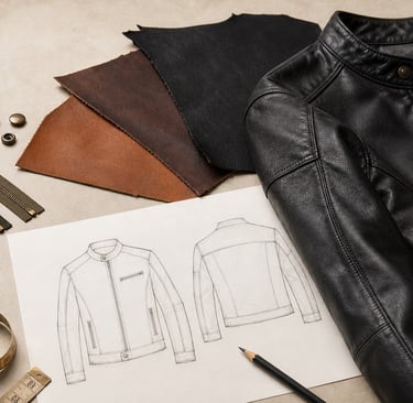 Leather jacket production brief with technical sketch, leather swatches, zippers, snaps, thread and measuring tape