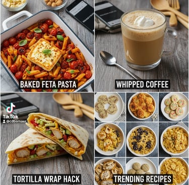 Collage of viral TikTok food trends including popular recipe hacks