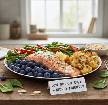 Kidney-friendly foods including blueberries, cauliflower, and fish for optimal kidney health