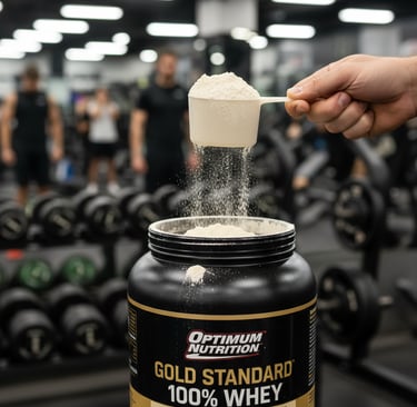Optimum Nutrition Gold Standard 100% Whey protein powder container with scoop for fitness nutrition