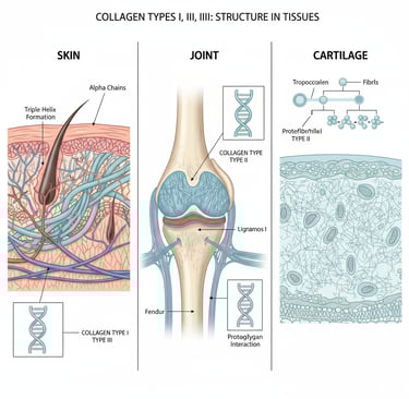 Illustration of Type I, II, and III collagen locations and structures in skin, joints, and blood ves