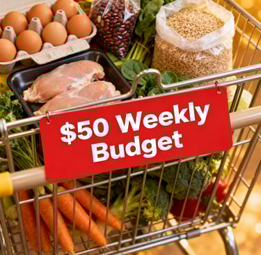 Grocery cart filled with budget-friendly healthy foods 