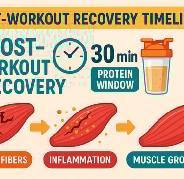 Post-workout recovery timeline infographic showing optimal supplement timing