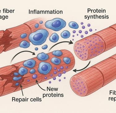 Scientific illustration of muscle recovery and protein synthesis process
