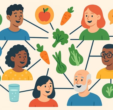 Illustration of social support network aiding healthy eating and accountability