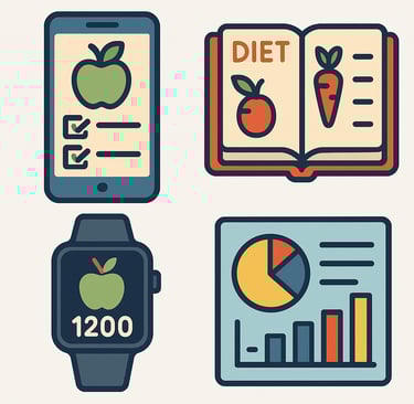 Infographic collage of diet tracking tools: apps, journals, wearables