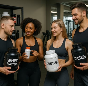 Athletes examining and comparing creatine supplements in gym environment