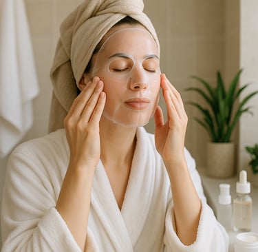 Woman applying collagen face mask in skincare routine