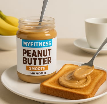 MyFitness peanut butter jar with spoon and toast showing protein-rich breakfast