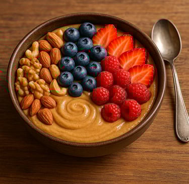 Healthy peanut butter smoothie bowl with nuts and berries showing recipe ideas