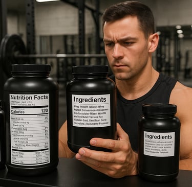 Fitness enthusiast examining protein supplement labels and ingredients in gym
