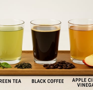 Various weight loss drinks including green tea, coffee, and apple cider vinegar