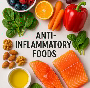 Colorful anti-inflammatory foods including fruits, vegetables, salmon, and olive oil