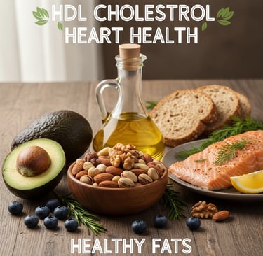 HDL cholesterol boosting foods including olive oil, nuts, avocado, and salmon for heart health