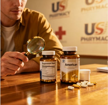 Supplements guide main image: bottles, pills, and label reading for beginners in America