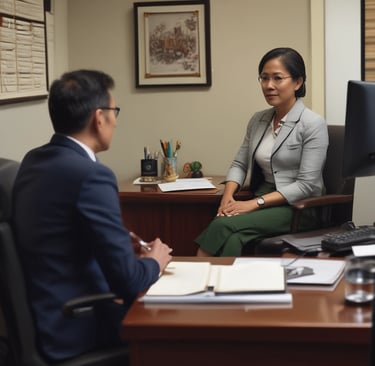 A group of people are having a meeting in a modern office space. A woman is standing at the front, appearing to lead the session or present a topic. Others are seated around a table with laptops and documents, clapping their hands. The decor includes a visually engaging wall with words written in different fonts.