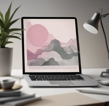 a laptop computer on a desk with a plant to the side of it