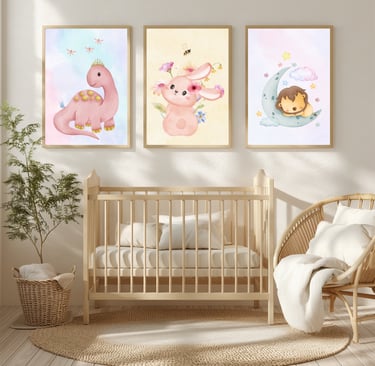 A baby's room with a crib and three cute animal poster designs.