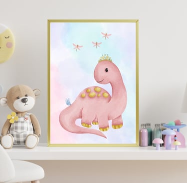 A pink dinosaur with a crown on it and pink dragonflies around it.