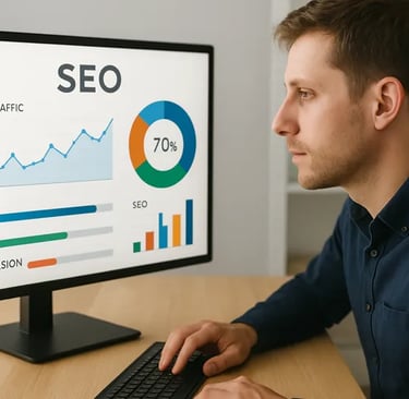 Profissional avaliando métricas de SEO em tela de computador.