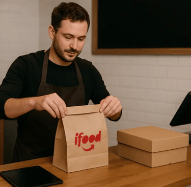 Dono de restaurante organizando pedidos de delivery em balcão com embalagens.