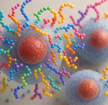 Detailed 3D medical illustration of peptide molecules interacting with human cells, showing cellular
