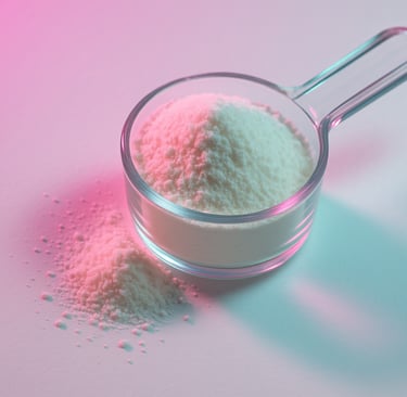 Scoop of white peptide powder on a clean lab counter.
