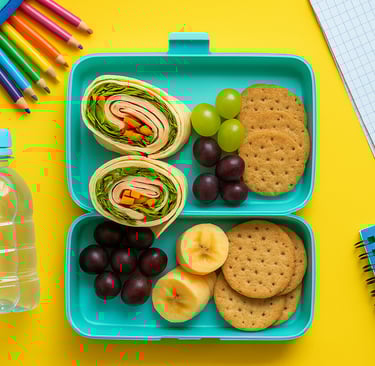 Overhead view of lunchbox with protein, carbs, healthy fats, and hydration.