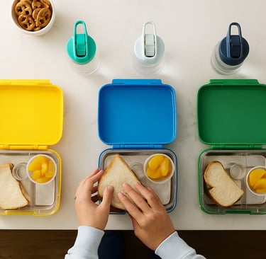 Mom preparing lunches on the counter.