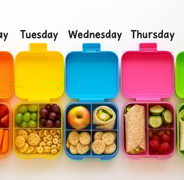 Five colorful lunchboxes lined up Monday–Friday, each filled with a different healthy combo.