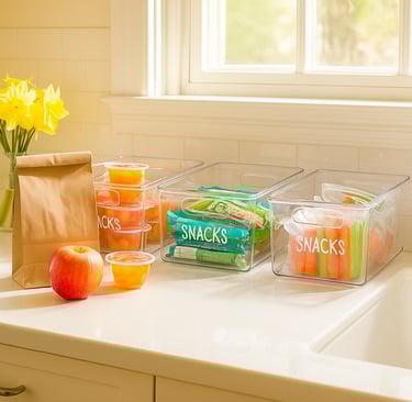 Bright kitchen counter with prepped snacks in snack bins of granola bars and fruit and veggies
