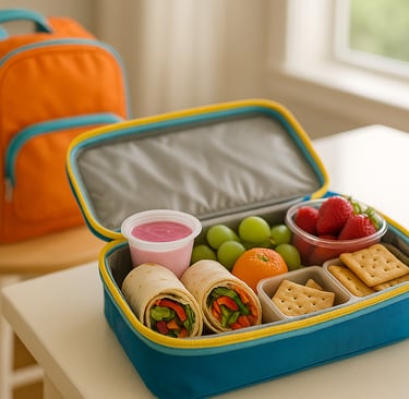 Bright kitchen counter with an open lunchbox filled with wraps, fruit, crackers, and yogurt cup, bac