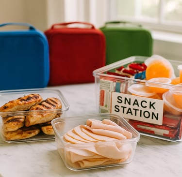 Bright kitchen counter with prepped proteins in containers and a snack bin of granola bars and fruit