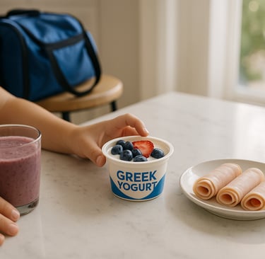 Bright kitchen counter with a child grabbing a yogurt cup