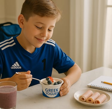 Child in sports clothes at kitchen counter eating yogurt and fruit with homework open.