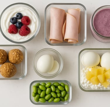 Overhead flat lay of seven snack containers with yogurt, turkey roll-ups, energy bites, smoothie jar