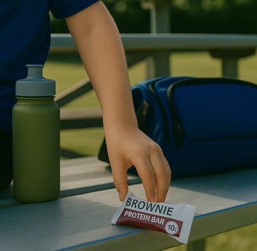 Kid’s hand reaching for a protein bar or jerky pack on bleachers, with sports bag and water bottle