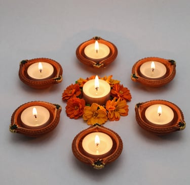 A warm amber-hued soy wax candle glowing softly on a terracotta surface.